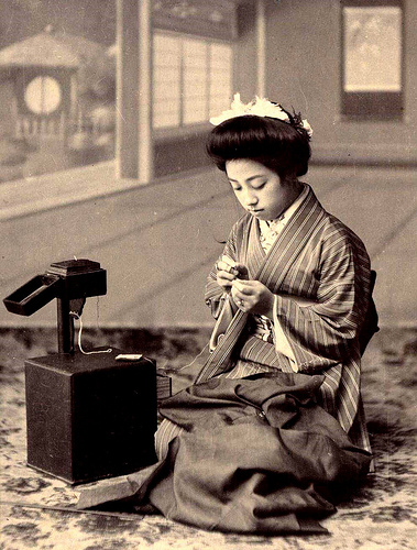 THE SEWING BOX -- A Geisha of Old Japan Makes Repairs and Adjustments to Her "Haori" (Outer Kimono Jacket)